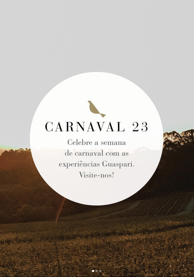 Banner de Carnaval da vinícola guaspari, dizendo: Celebre a semana de carnaval com as experiências Guaspari. Visite-nos!